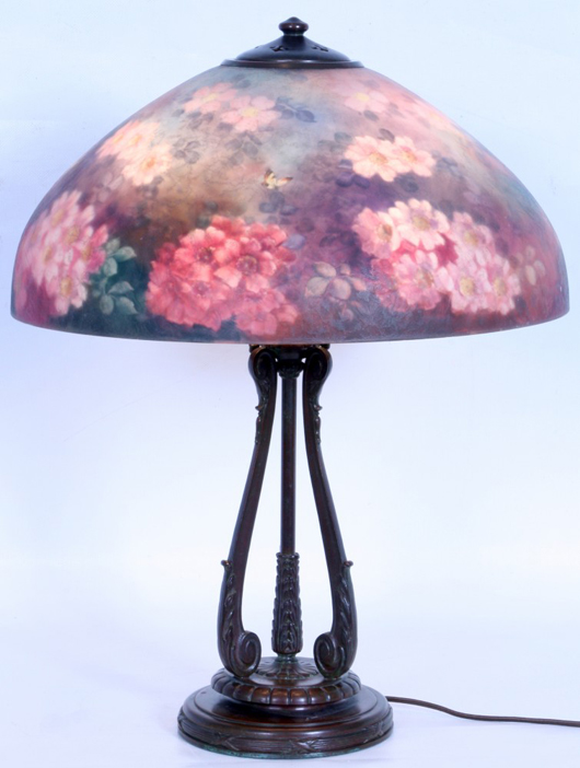 Lamps will include this Handel desk lamp with dazzling red and pink floral shade. Image courtesy of Fontaine’s Auction Gallery.